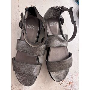 Eileen Fisher Pewter Metallic Leather Platform Sandals Back Zip Women's Size‎ 8
